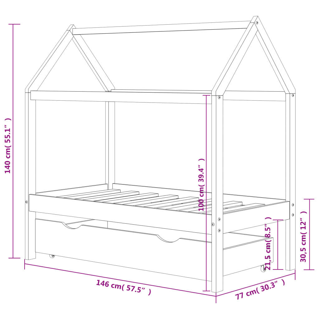 Kinderbedframe met lade massief grenenhout 70x140 cm