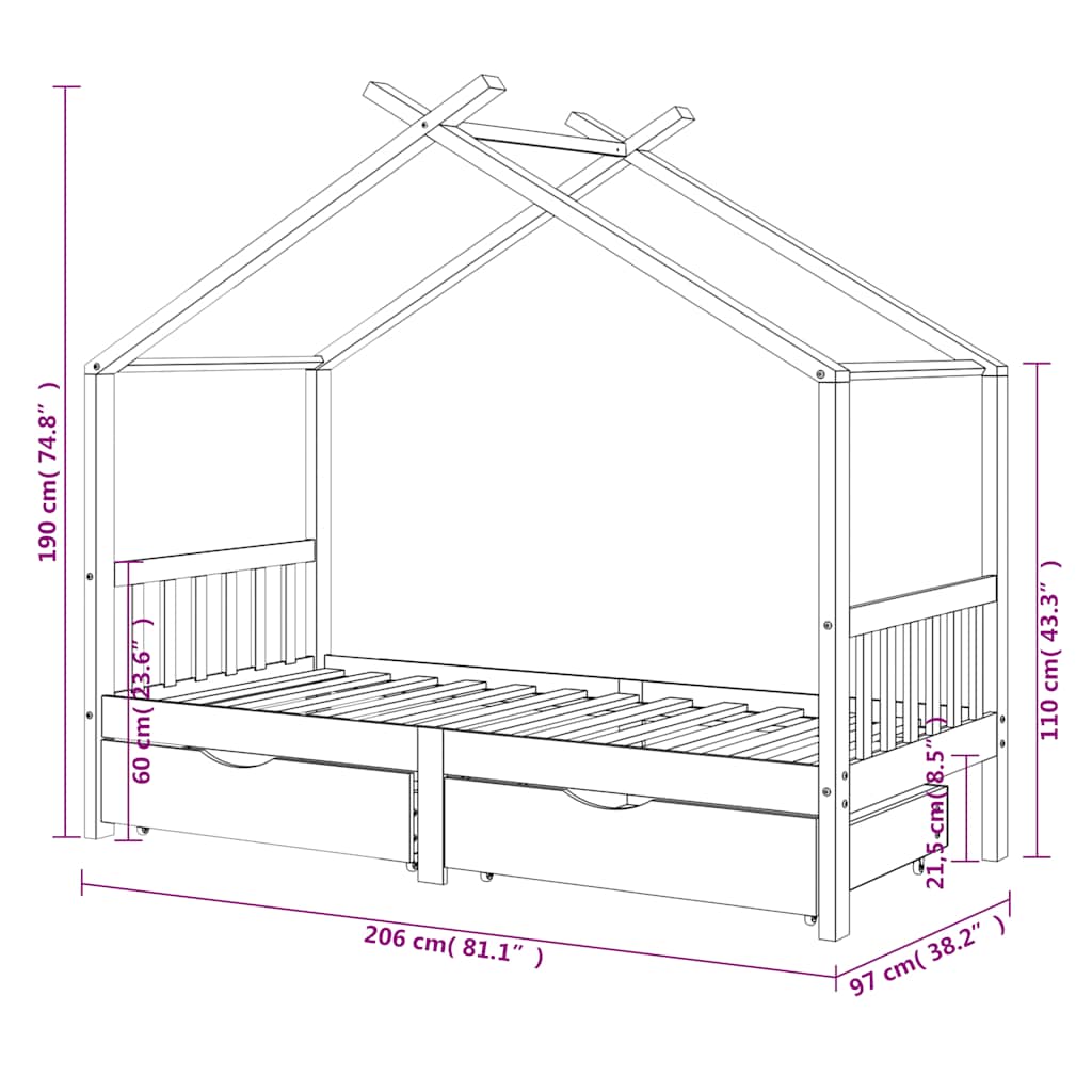 Kinderbedframe met lades massief grenenhout 90x200 cm