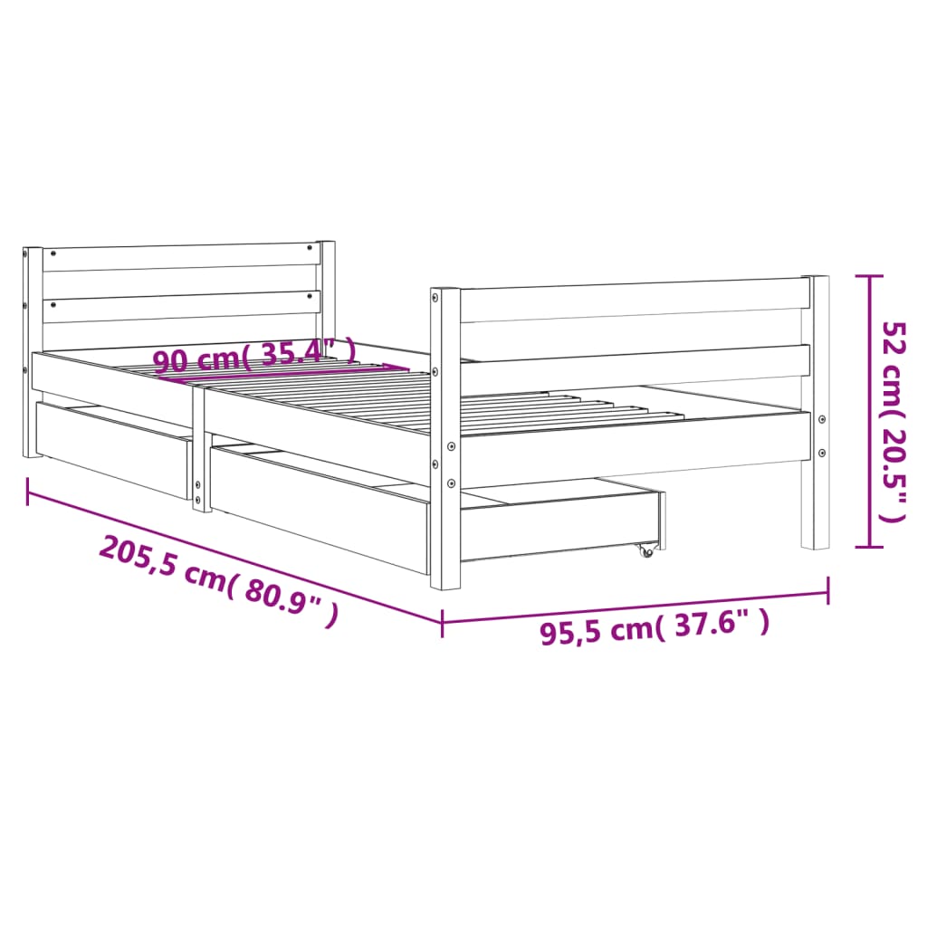 Kinderbedframe met lades 90x200 cm massief grenenhout
