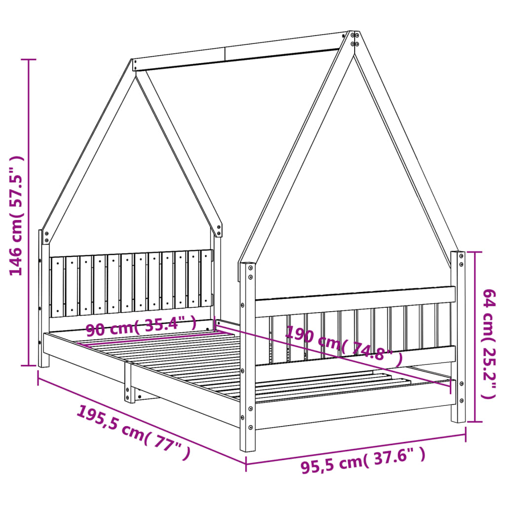 Kinderbedframe 90x190 cm massief grenenhout wit