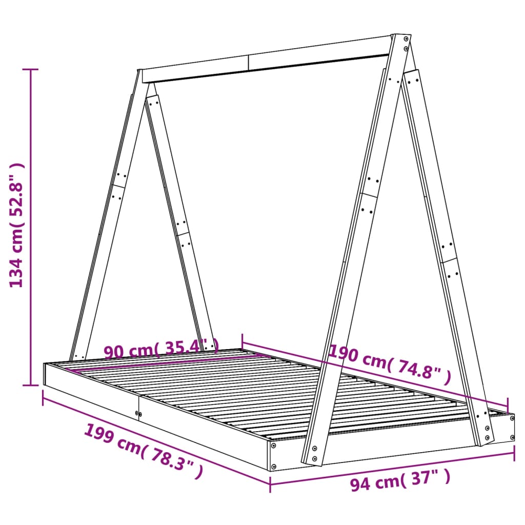 Kinderbedframe 90x190 cm massief grenenhout zwart