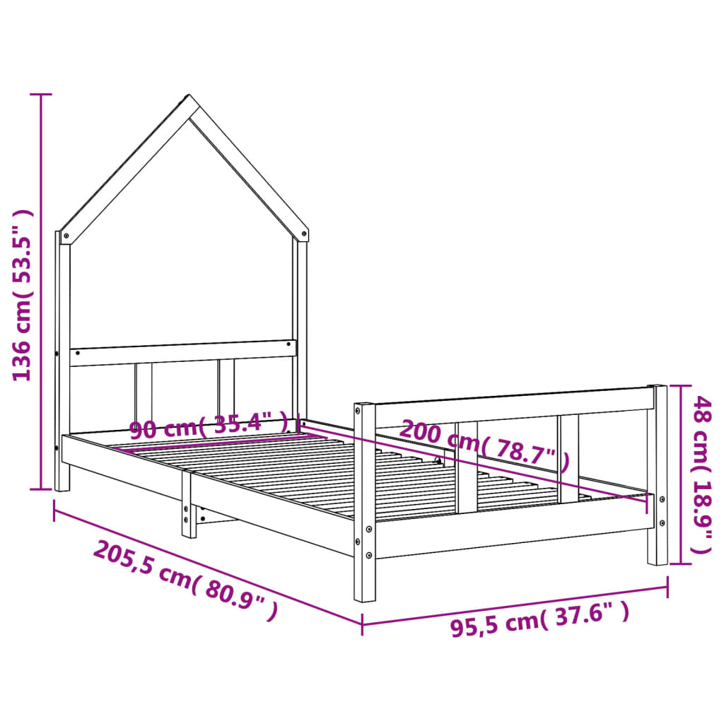 Kinderbedframe 90x200 cm massief grenenhout wit