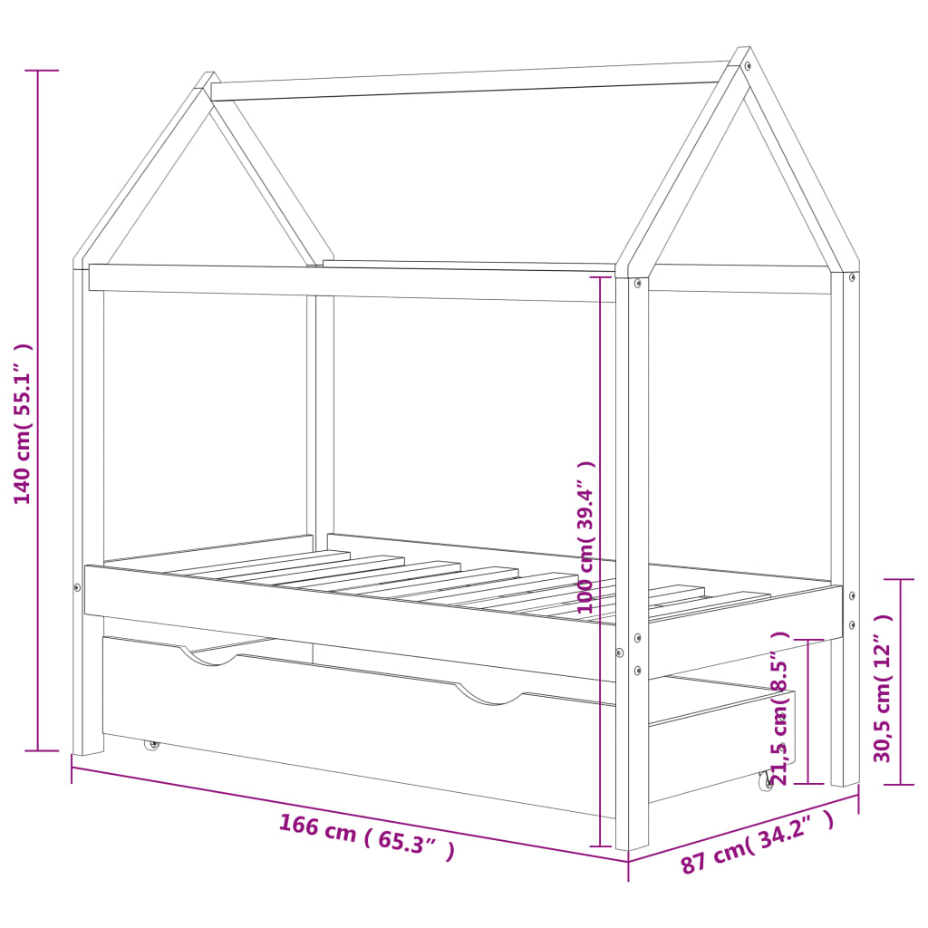 Kinderbedframe met lade massief grenenhout 80x160 cm
