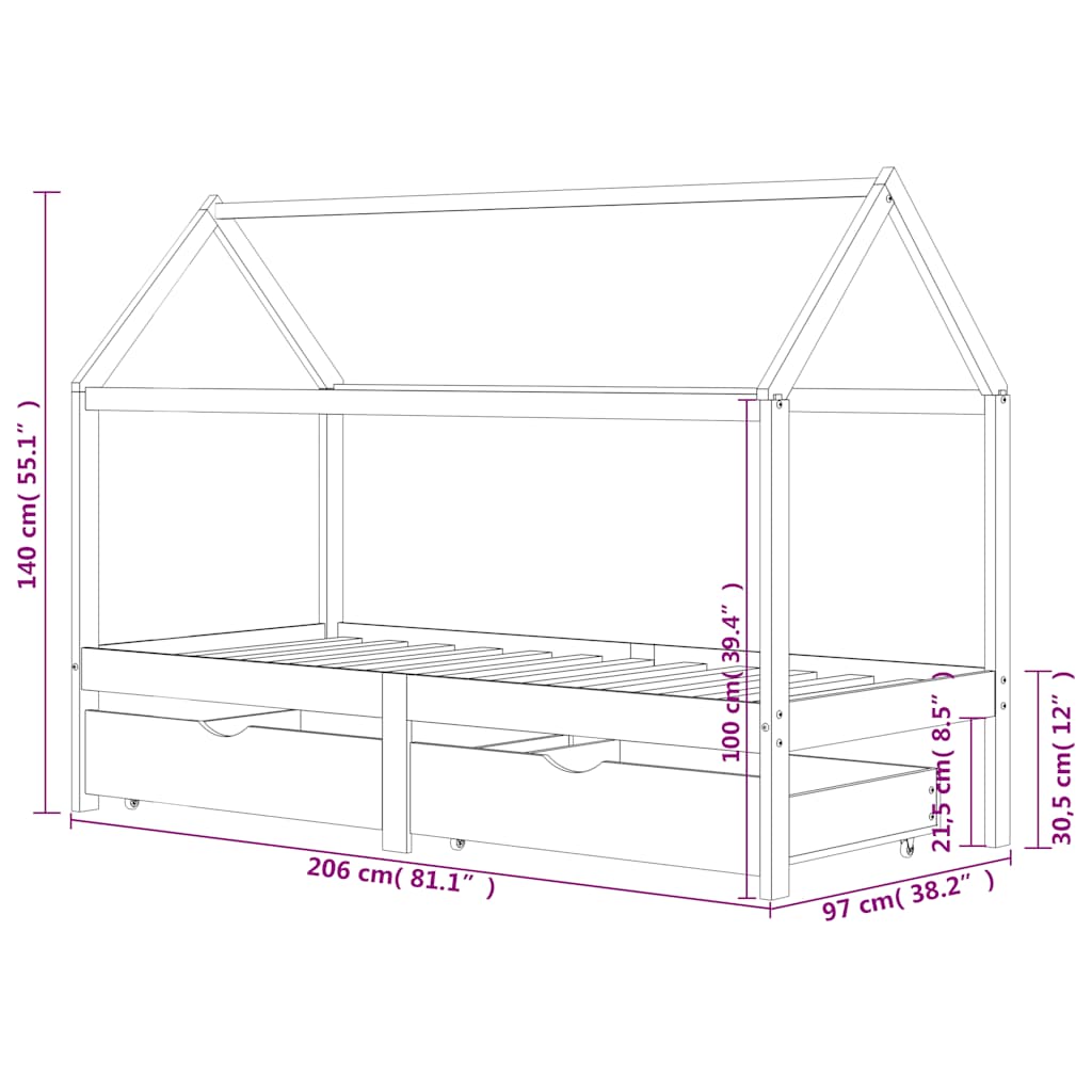 Kinderbedframe met lades massief grenenhout 90x200 cm wit