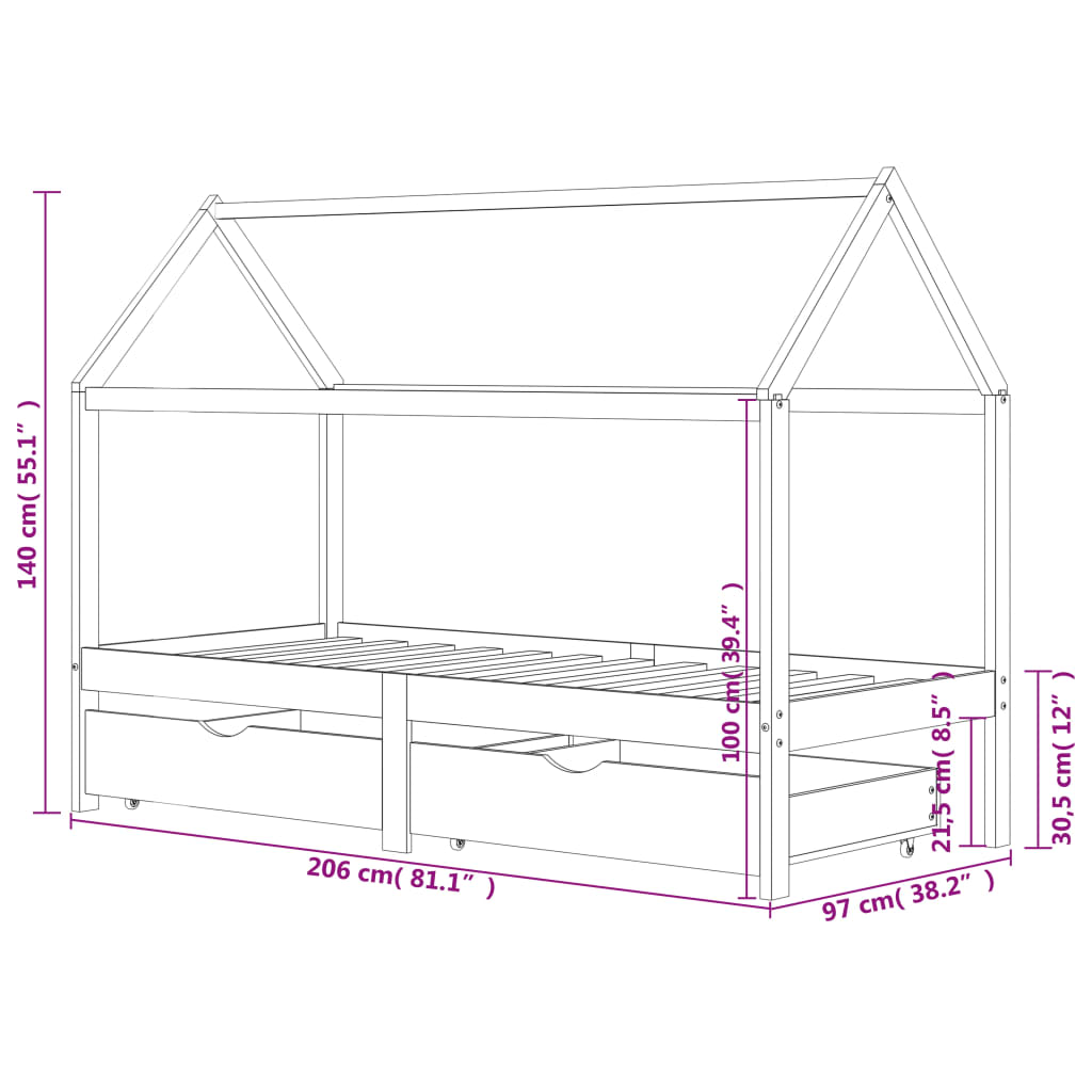 Kinderbedframe met lades grenenhout donkergrijs 90x200 cm