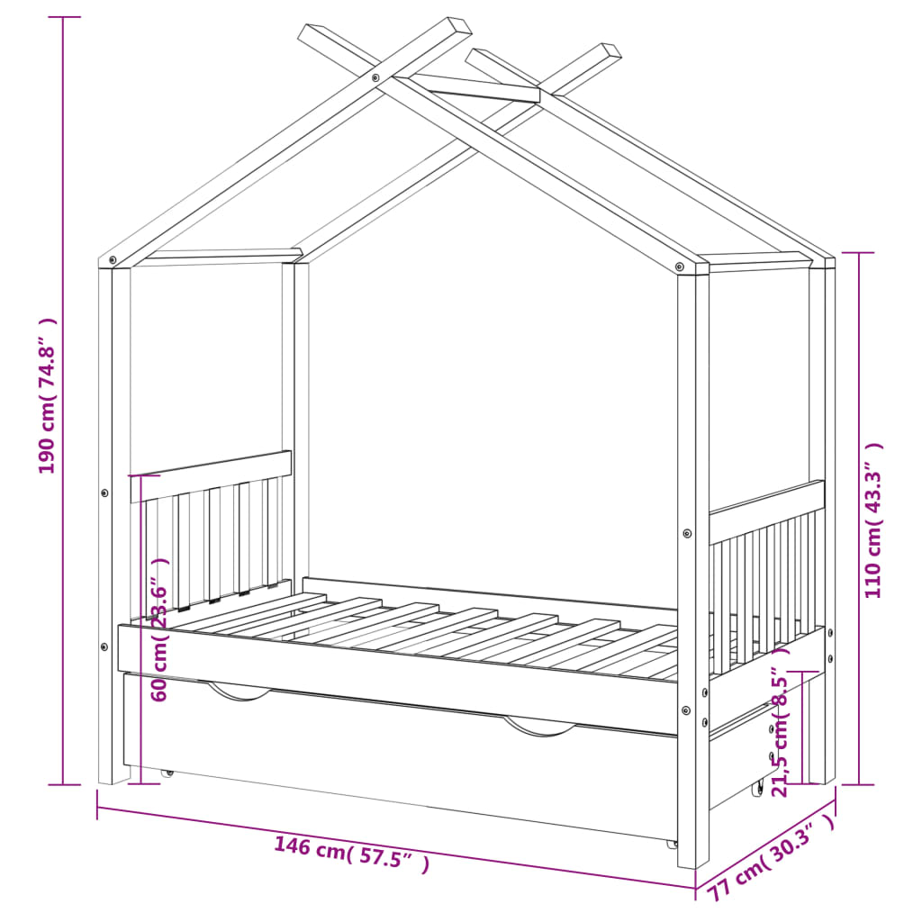 Kinderbedframe met lade massief grenenhout 70x140 cm wit