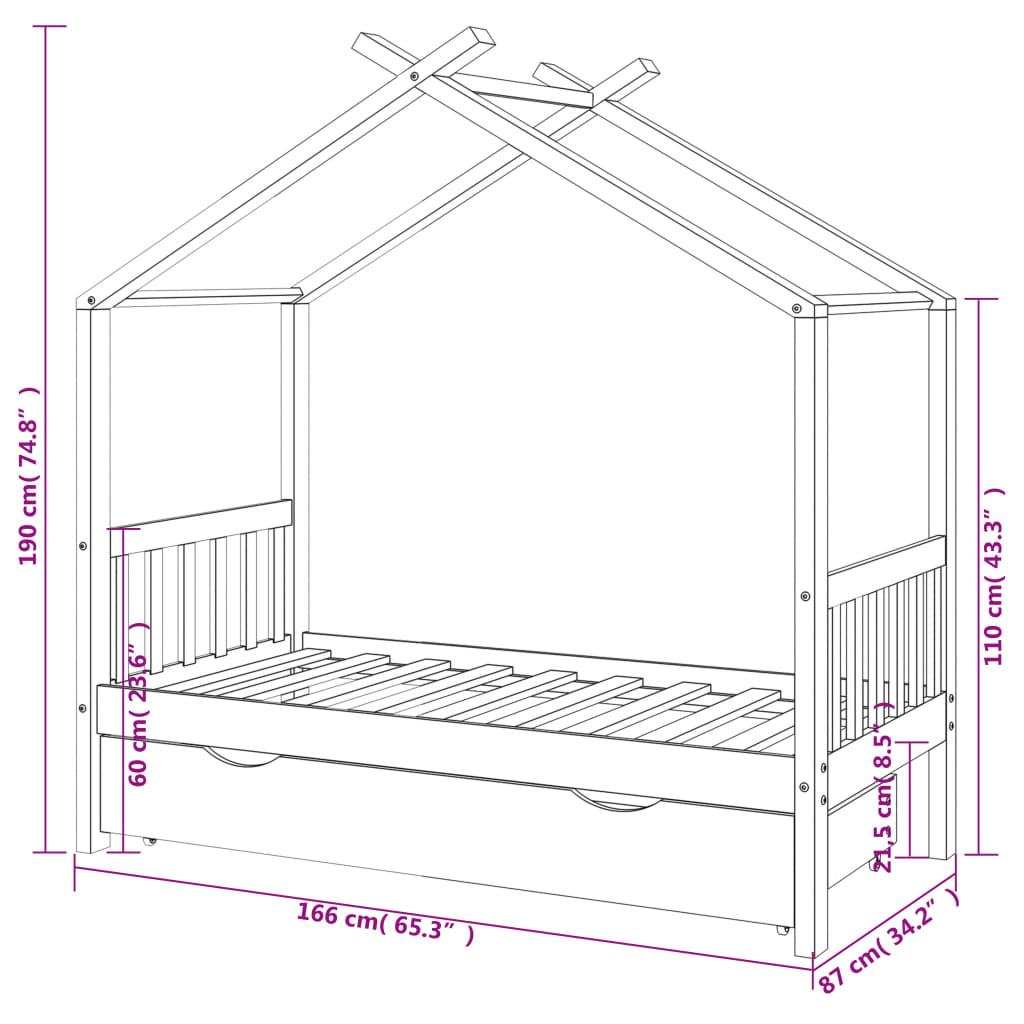 Kinderbedframe met lade grenenhout donkergrijs 80x160 cm