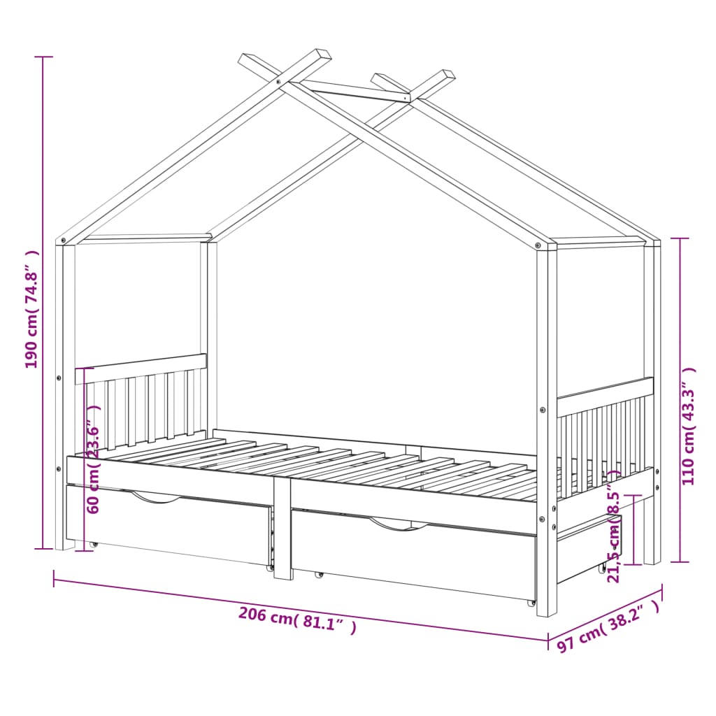Kinderbedframe met lades grenenhout donkergrijs 90x200 cm