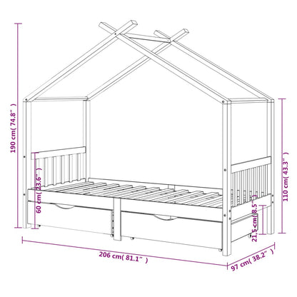 Kinderbedframe met lades grenenhout donkergrijs 90x200 cm