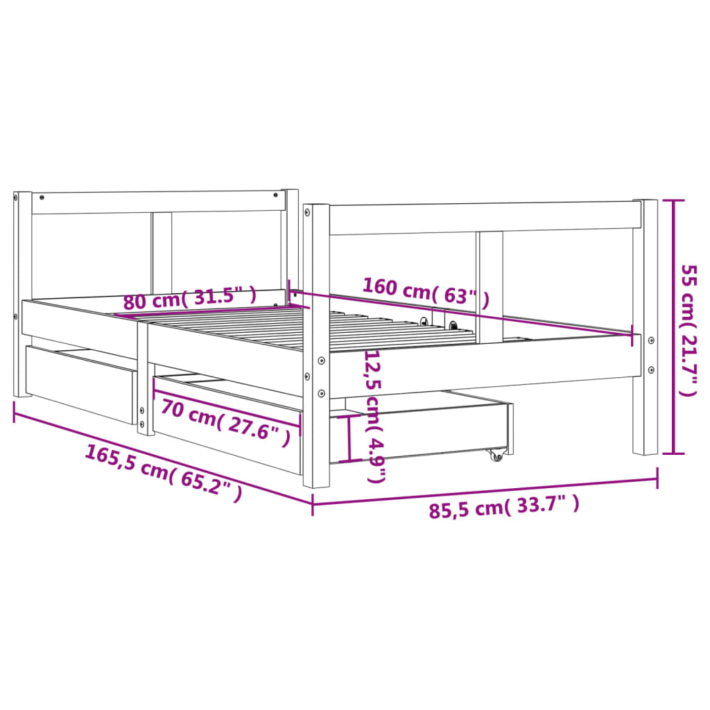 Kinderbedframe met lades 80x160 cm massief grenenhout