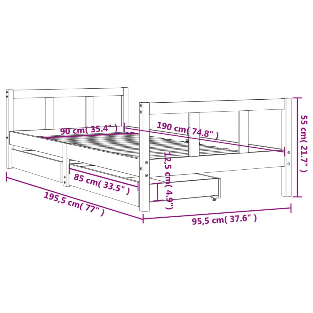 Kinderbedframe met lades 90x190 cm massief grenenhout zwart