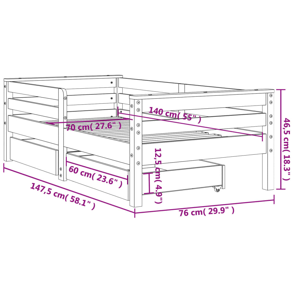 Kinderbedframe met lades 70x140 cm massief grenenhout wit