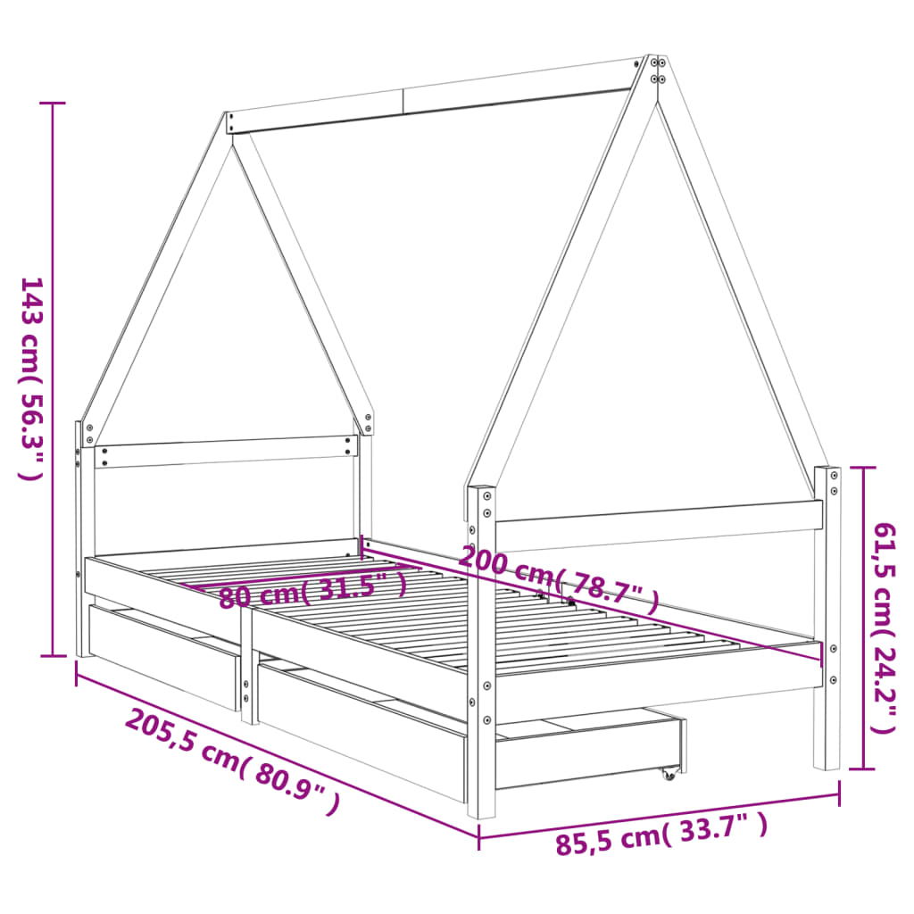Kinderbedframe 80x200 cm massief grenenhout zwart