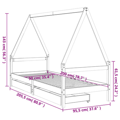 Kinderbedframe met lades 90x200 cm massief grenenhout wit