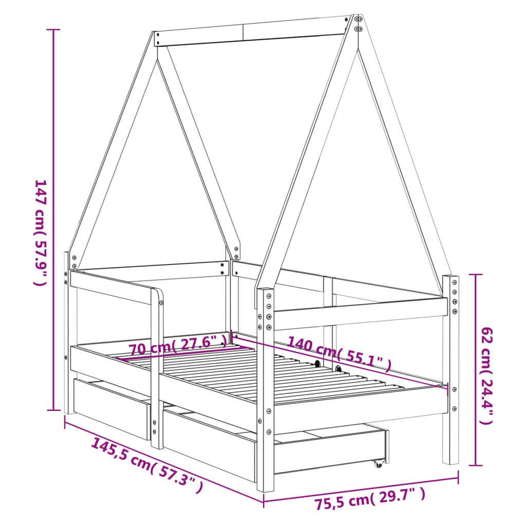 Kinderbedframe met lades 70x140 cm massief grenenhout