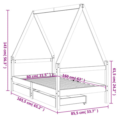 Kinderbedframe met lades 80x160 cm massief grenenhout