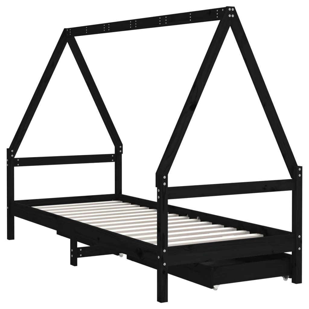 Kinderbedframe met lades 90x190 cm massief grenenhout zwart