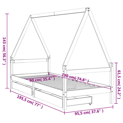 Kinderbedframe met lades 90x190 cm massief grenenhout zwart