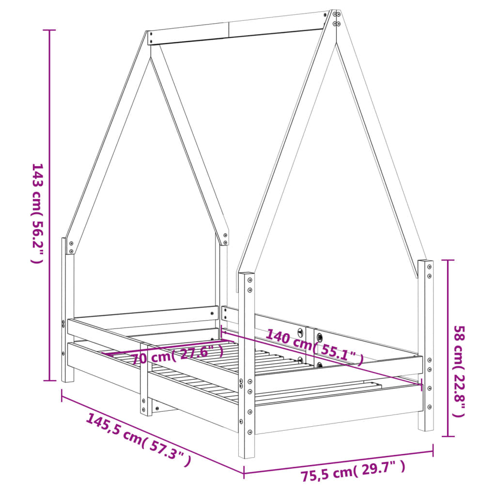 Kinderbedframe 70x140 cm massief grenenhout zwart