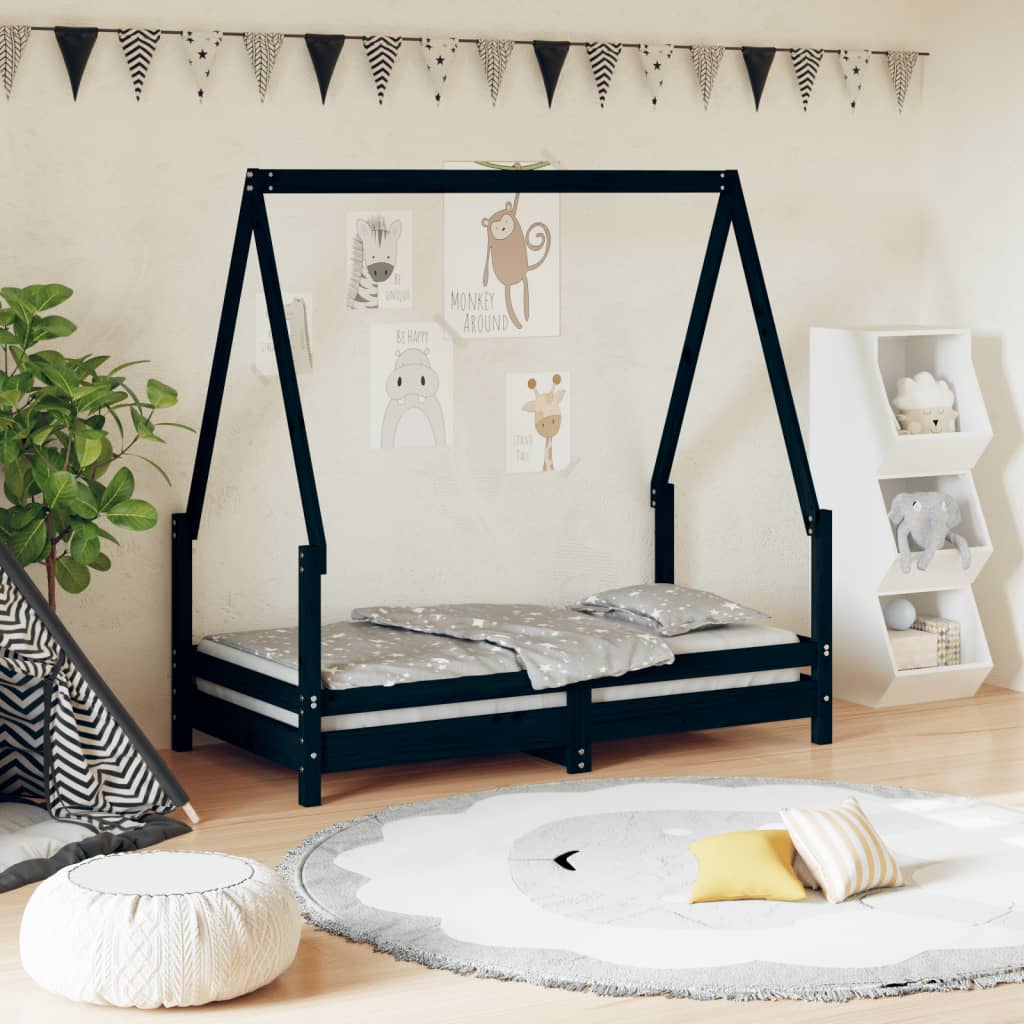 Kinderbedframe 70x140 cm massief grenenhout zwart