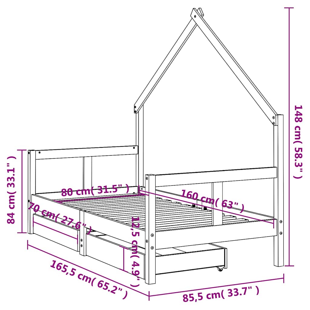 Kinderbedframe met lades 80x160 cm massief grenenhout
