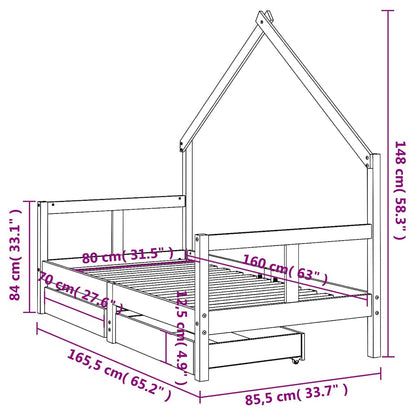 Kinderbedframe met lades 80x160 cm massief grenenhout