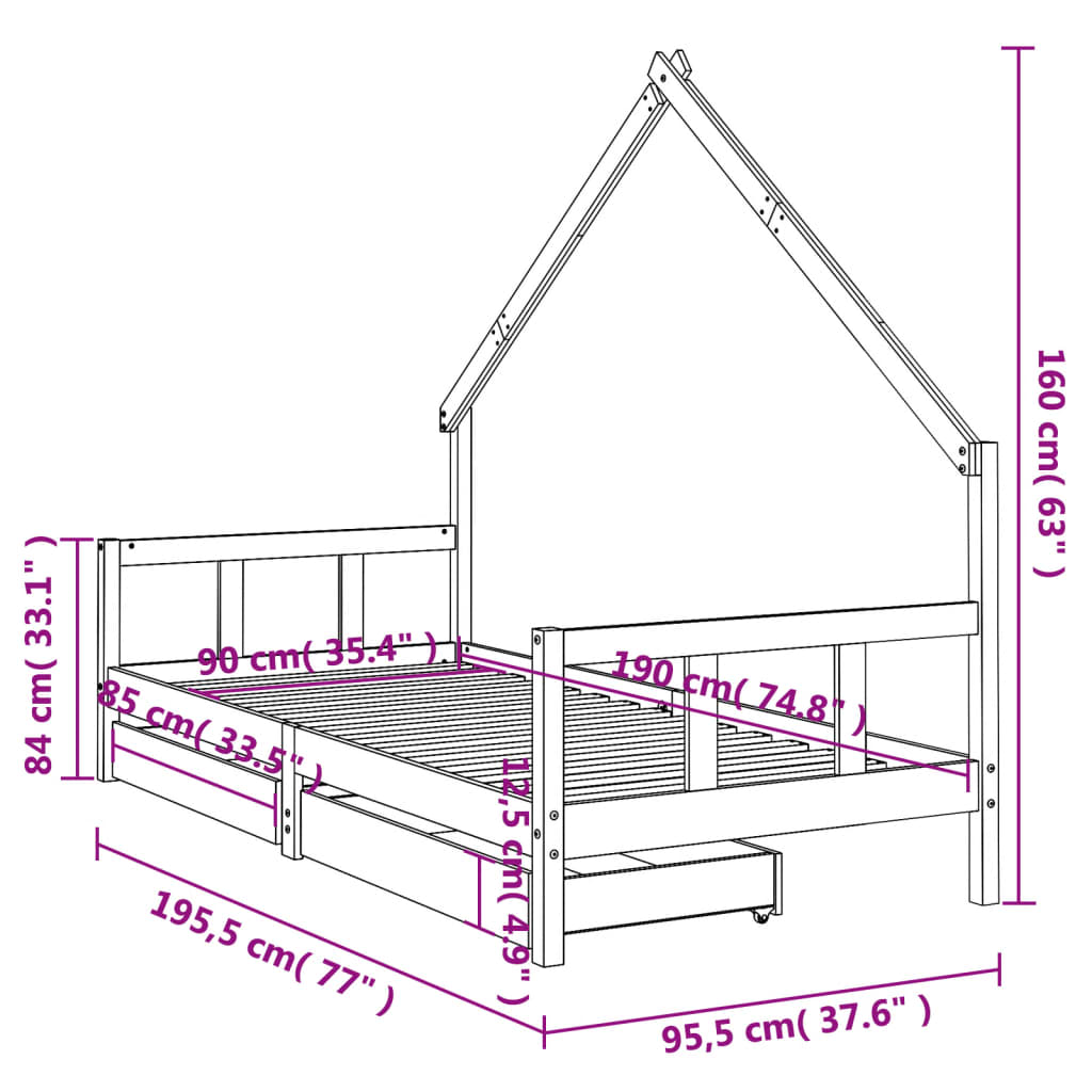 Kinderbedframe met lades 90x190 cm massief grenenhout