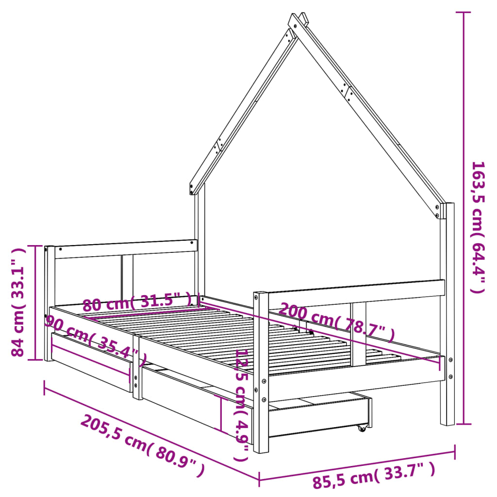 Kinderbedframe met lades 80x200 cm massief grenenhout wit