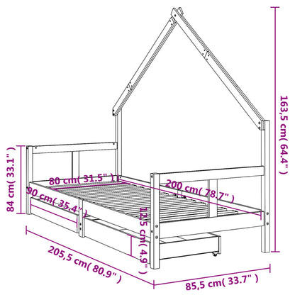 Kinderbedframe met lades 80x200 cm massief grenenhout wit