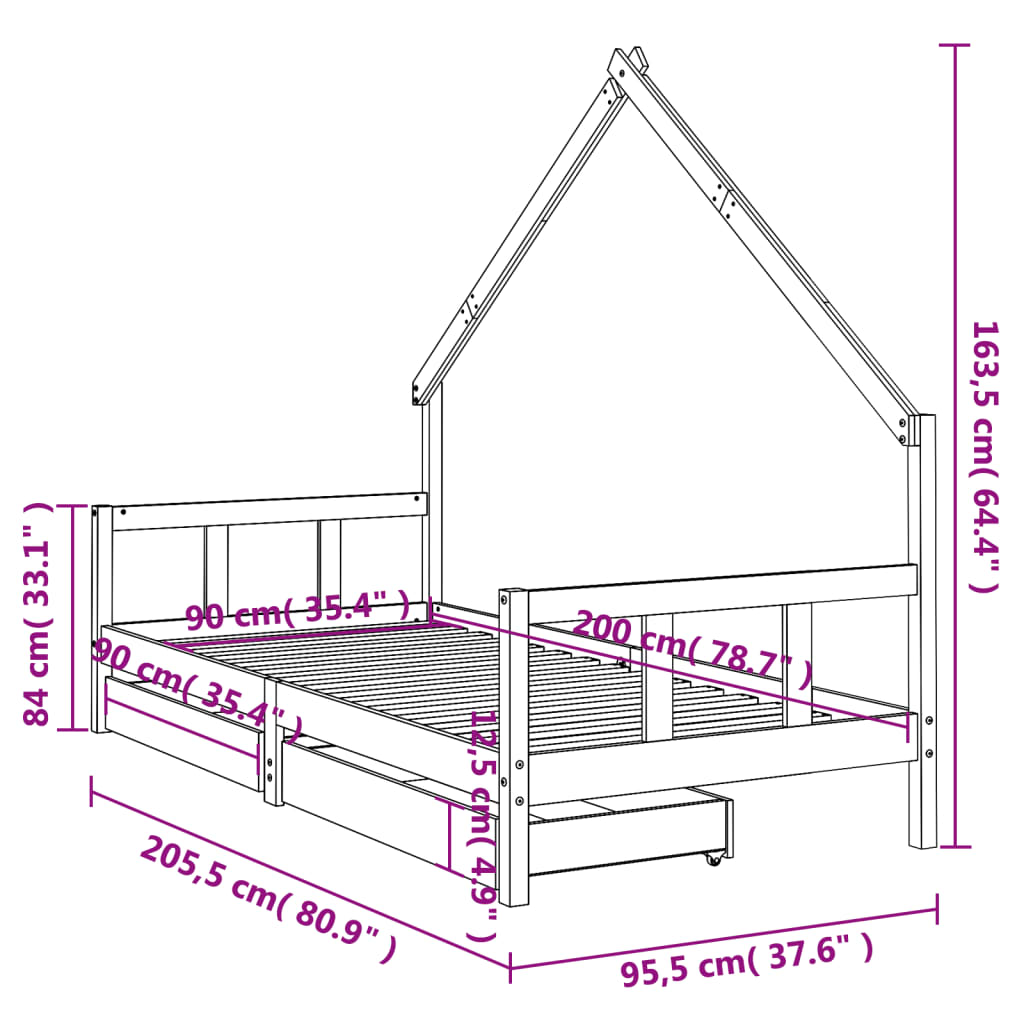 Kinderbedframe met lades 90x200 cm massief grenenhout wit