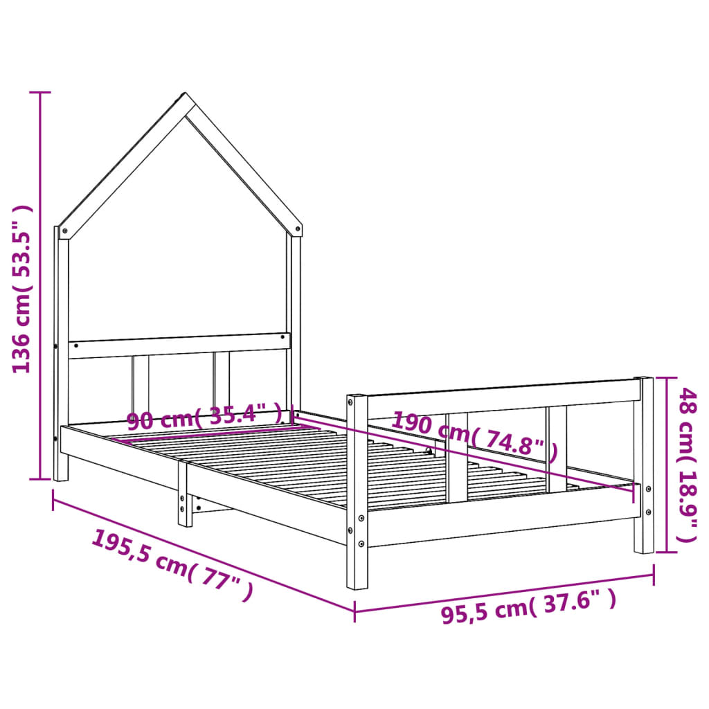 Kinderbedframe 90x190 cm massief grenenhout zwart