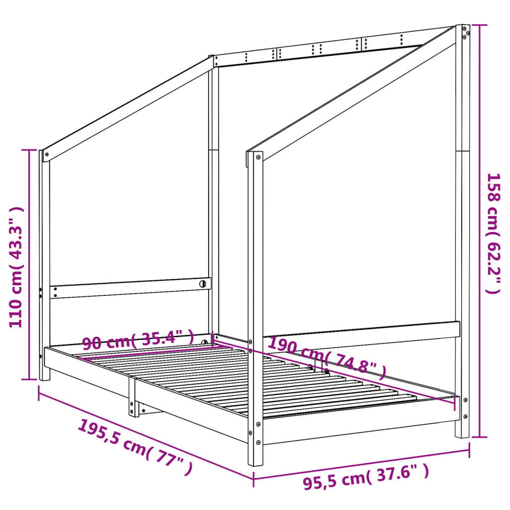 Kinderbedframe 90x190 cm massief grenenhout zwart