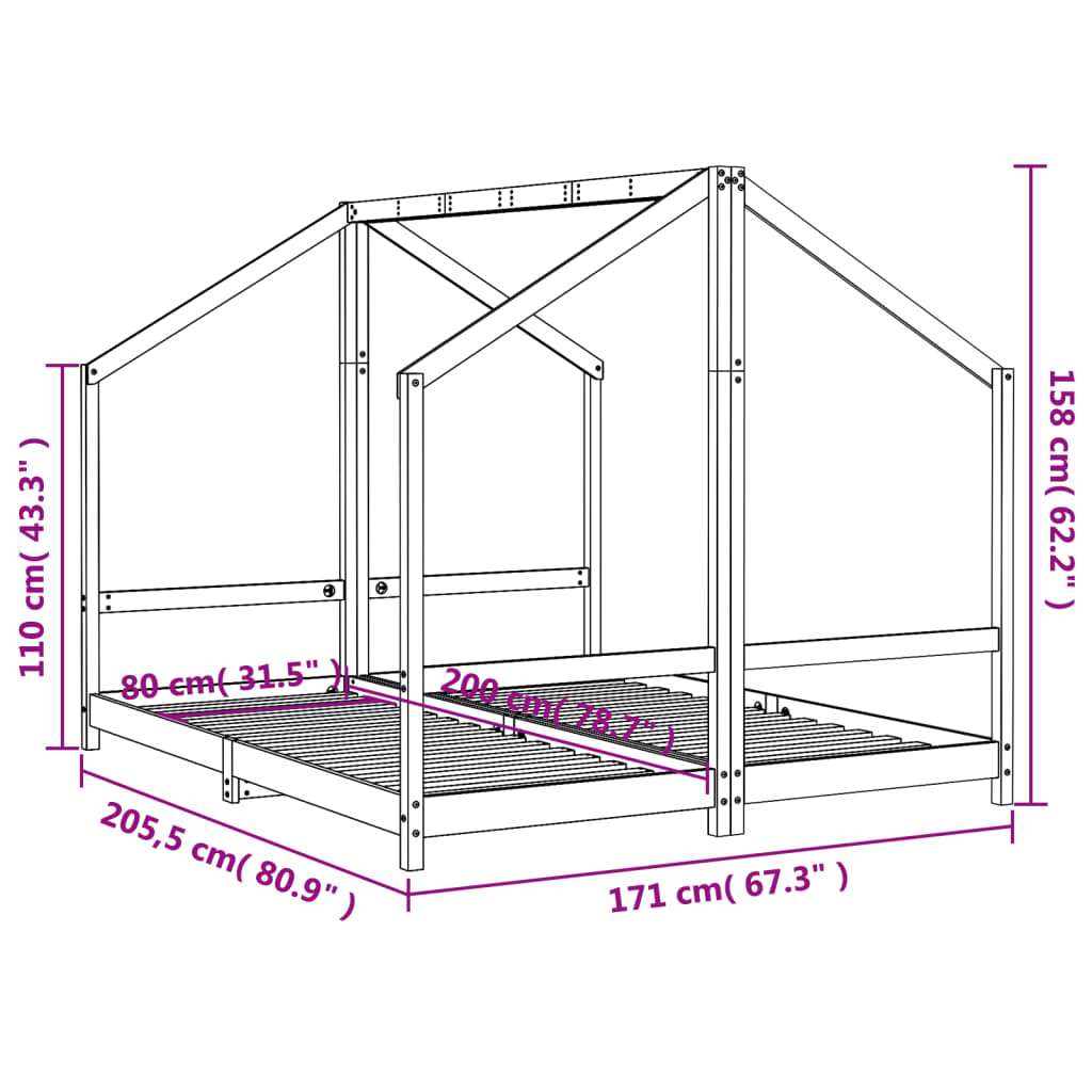 Kinderbedframe 2x(80x200) cm massief grenenhout zwart