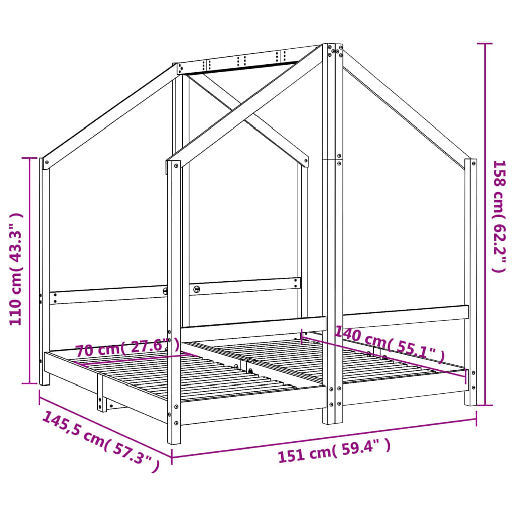 Kinderbedframe 2x(70x140) cm massief grenenhout zwart