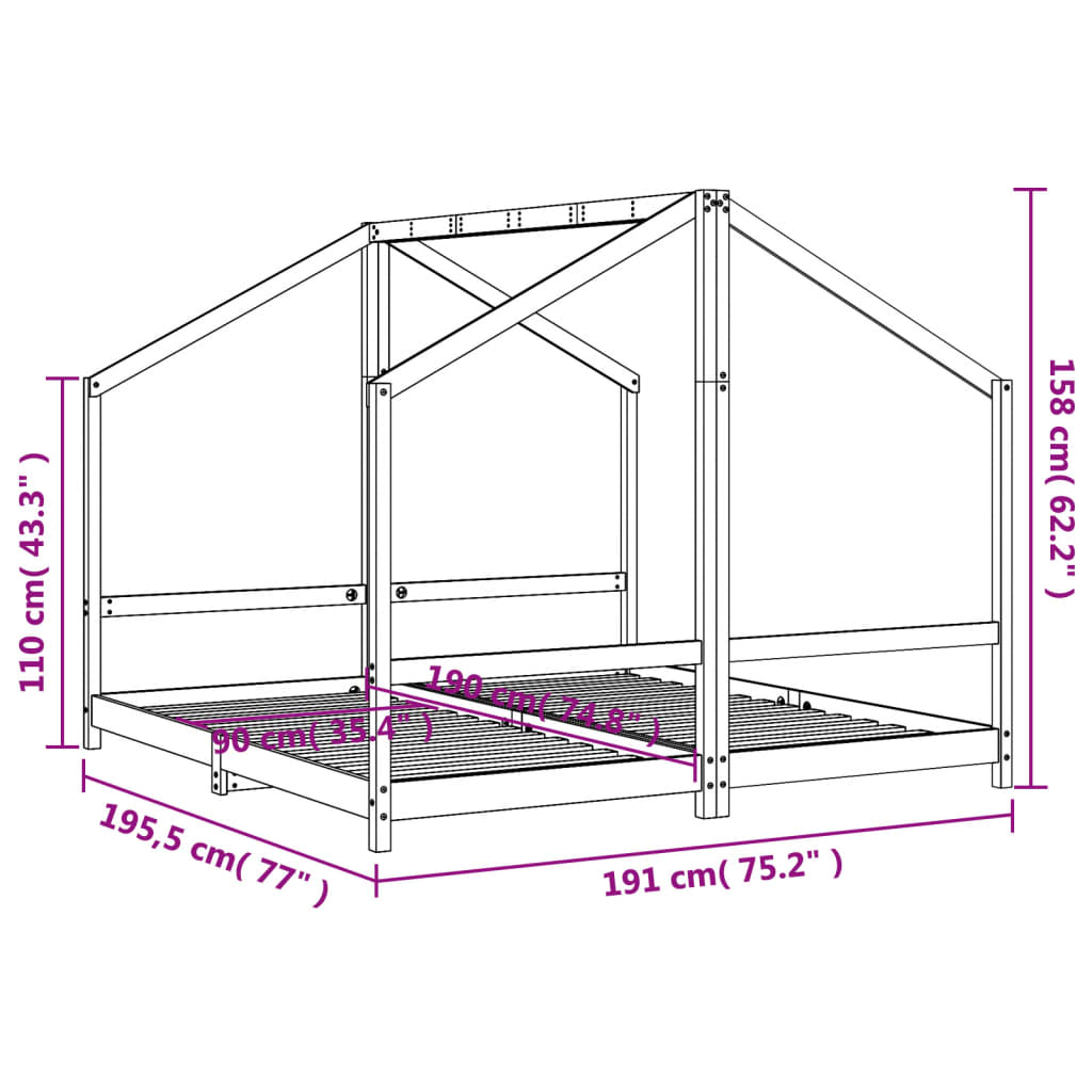Kinderbedframe 2x(90x190) cm massief grenenhout wit